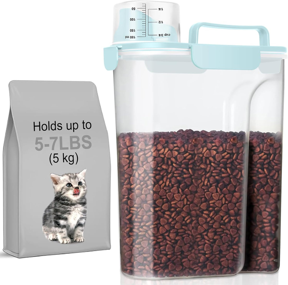 5-7Lbs Cat Dog Storage Container, Portable Pet Food Containers with Upgraded Large Spout and Cup, Small Animal Kibble Dispenser for Bird Seed, Oatmeal, Rice, Flour, Brown Sugart-Dark Green