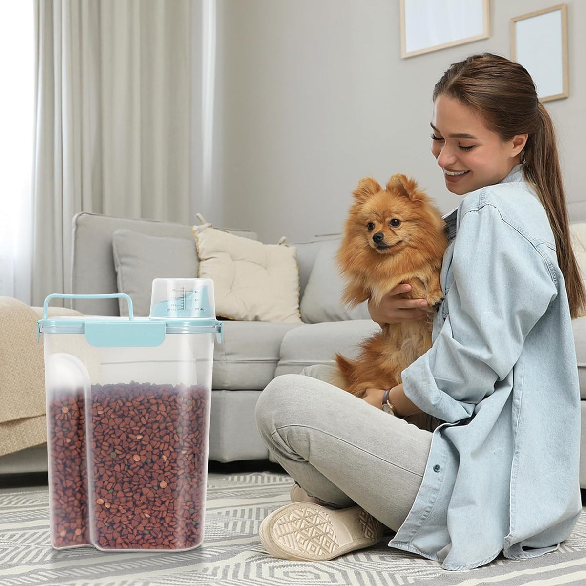 5-7Lbs Cat Dog Storage Container, Portable Pet Food Containers with Upgraded Large Spout and Cup, Small Animal Kibble Dispenser for Bird Seed, Oatmeal, Rice, Flour, Brown Sugart-Dark Green