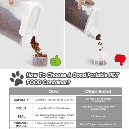 5-7Lbs Cat Dog Storage Container, Portable Pet Food Containers with Upgraded Large Spout and Cup, Small Animal Kibble Dispenser for Bird Seed, Oatmeal, Rice, Flour, Brown Sugart-Dark Green