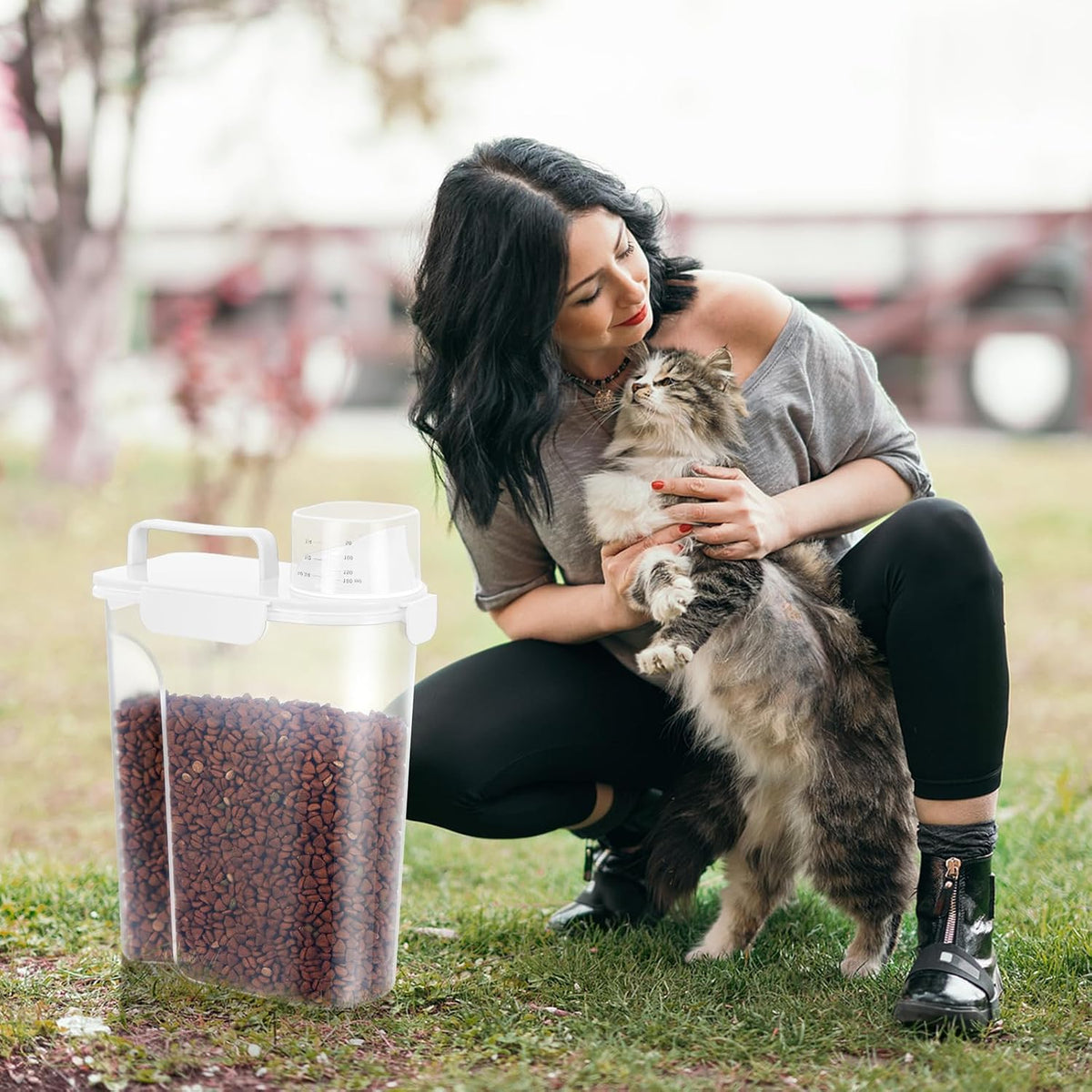 5-7Lbs Cat Dog Storage Container, Portable Pet Food Containers with Upgraded Large Spout and Cup, Small Animal Kibble Dispenser for Bird Seed, Oatmeal, Rice, Flour, Brown Sugart-Dark Green