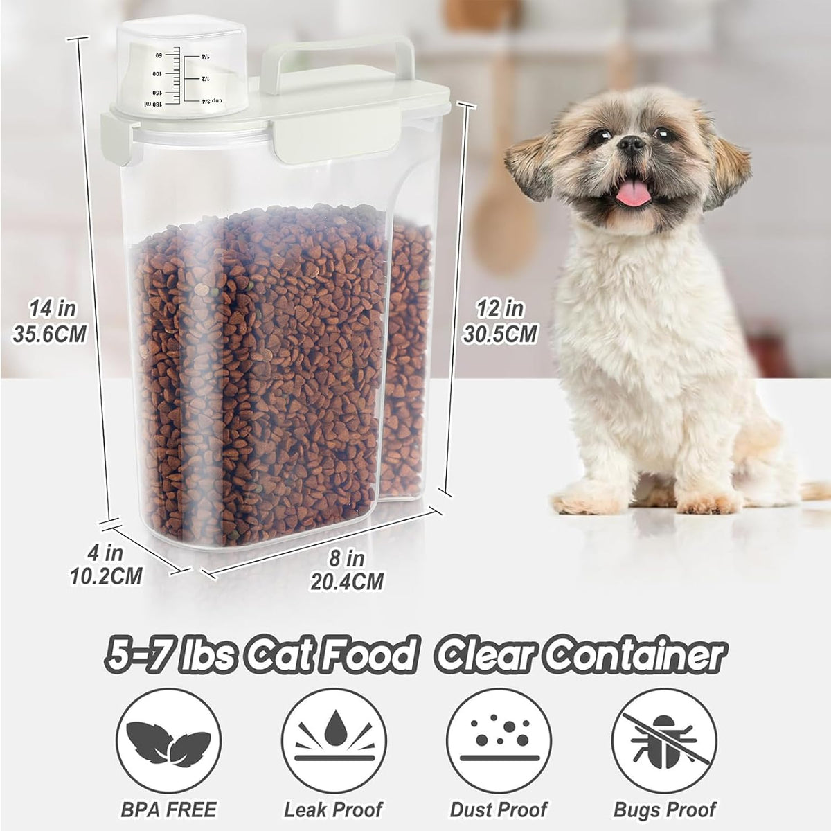 5-7Lbs Cat Dog Storage Container, Portable Pet Food Containers with Upgraded Large Spout and Cup, Small Animal Kibble Dispenser for Bird Seed, Oatmeal, Rice, Flour, Brown Sugart-Dark Green