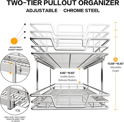 2-Tier Kitchen Cabinet Pull Out Cabinet Organizer,Shelf and Drawer Organizer Slide Out Pantry Storaqe Basket in Multiple Sizes (17" W x 21" D)