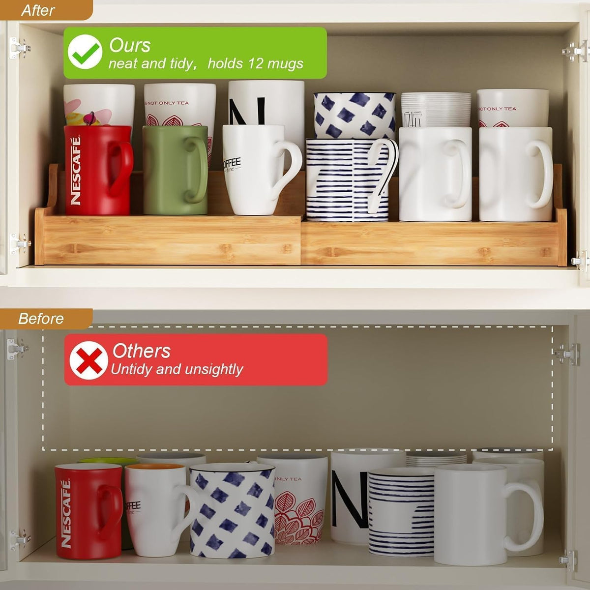 2-Tier Expandable Bamboo Coffee Mug Holder, Mug Organizer for Kitchen Cabinets, Mug Cup Rack, Multi-Functional Cup Holder Shelf, Coffee Bar Organizer, Home