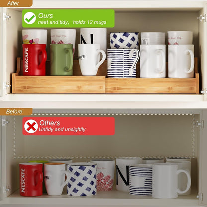 2-Tier Expandable Bamboo Coffee Mug Holder, Mug Organizer for Kitchen Cabinets, Mug Cup Rack, Multi-Functional Cup Holder Shelf, Coffee Bar Organizer, Home