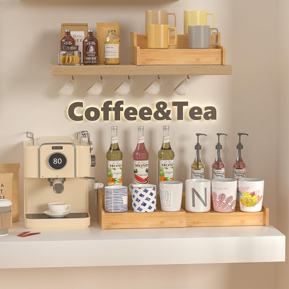 2-Tier Expandable Bamboo Coffee Mug Holder, Mug Organizer for Kitchen Cabinets, Mug Cup Rack, Multi-Functional Cup Holder Shelf, Coffee Bar Organizer, Home