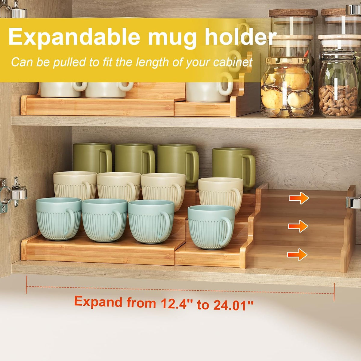 2-Tier Expandable Bamboo Coffee Mug Holder, Mug Organizer for Kitchen Cabinets, Mug Cup Rack, Multi-Functional Cup Holder Shelf, Coffee Bar Organizer, Home