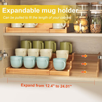 2-Tier Expandable Bamboo Coffee Mug Holder, Mug Organizer for Kitchen Cabinets, Mug Cup Rack, Multi-Functional Cup Holder Shelf, Coffee Bar Organizer, Home