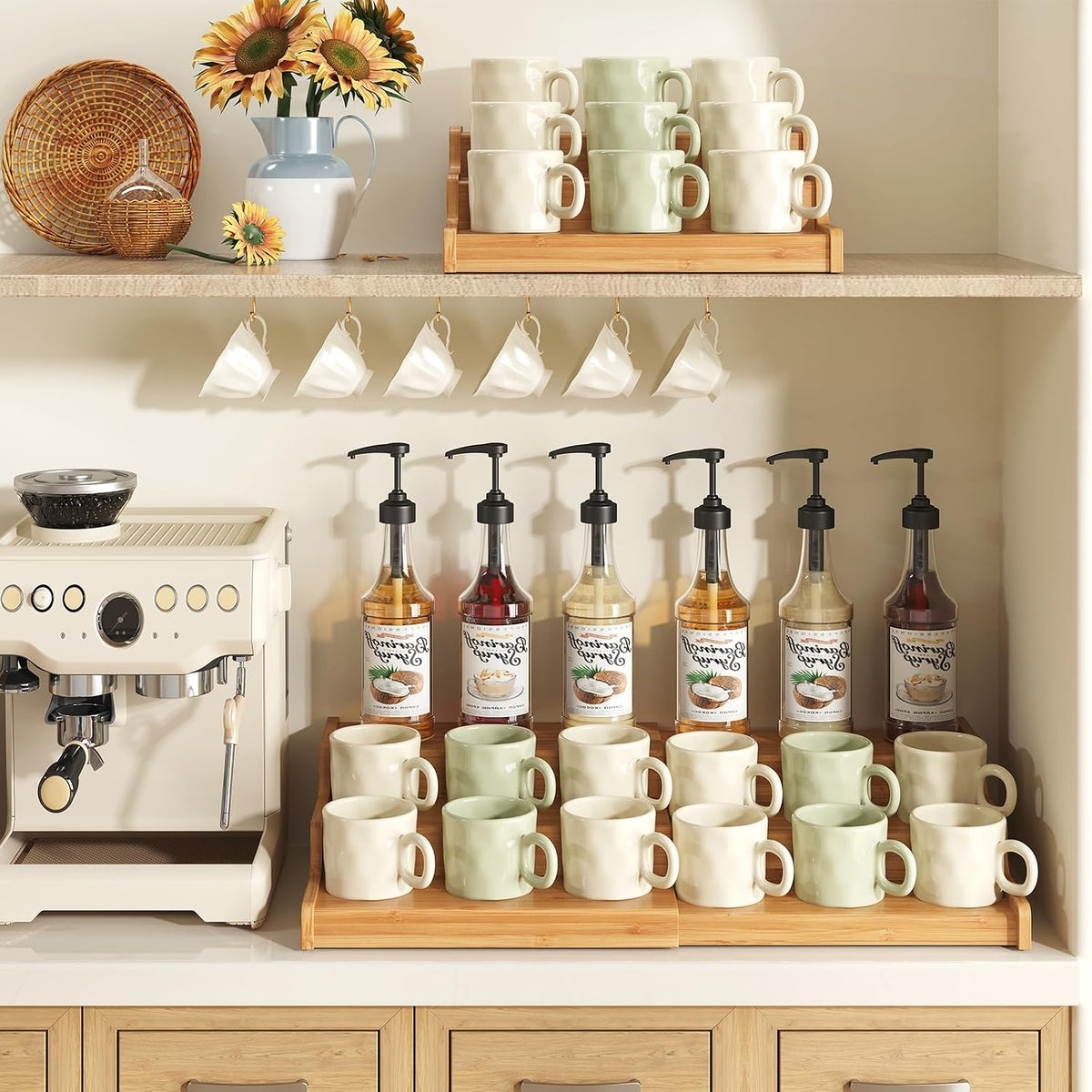 2-Tier Expandable Bamboo Coffee Mug Holder, Mug Organizer for Kitchen Cabinets, Mug Cup Rack, Multi-Functional Cup Holder Shelf, Coffee Bar Organizer, Home