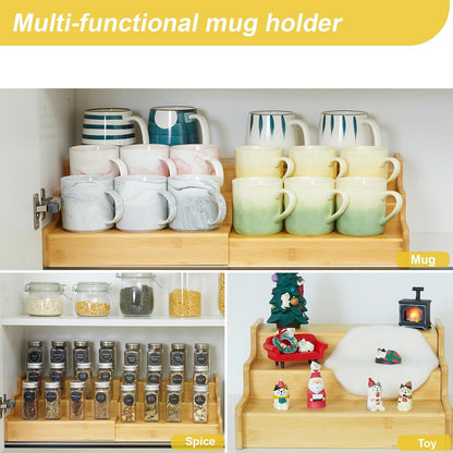 2-Tier Expandable Bamboo Coffee Mug Holder, Mug Organizer for Kitchen Cabinets, Mug Cup Rack, Multi-Functional Cup Holder Shelf, Coffee Bar Organizer, Home