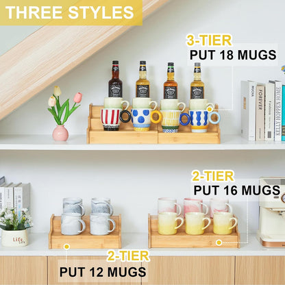 2-Tier Expandable Bamboo Coffee Mug Holder, Mug Organizer for Kitchen Cabinets, Mug Cup Rack, Multi-Functional Cup Holder Shelf, Coffee Bar Organizer, Home