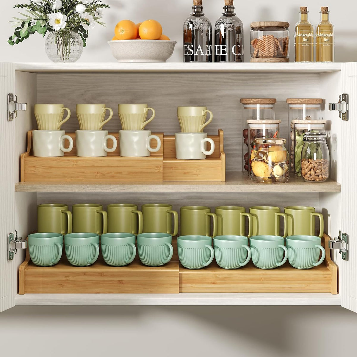 2-Tier Expandable Bamboo Coffee Mug Holder, Mug Organizer for Kitchen Cabinets, Mug Cup Rack, Multi-Functional Cup Holder Shelf, Coffee Bar Organizer, Home