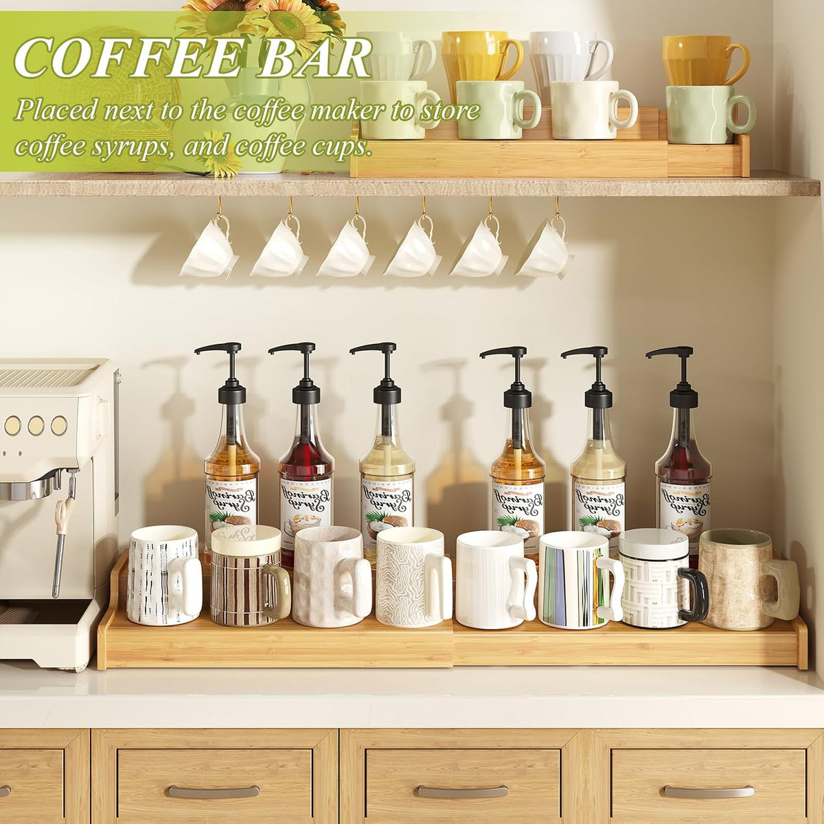 2-Tier Expandable Bamboo Coffee Mug Holder, Mug Organizer for Kitchen Cabinets, Mug Cup Rack, Multi-Functional Cup Holder Shelf, Coffee Bar Organizer, Home