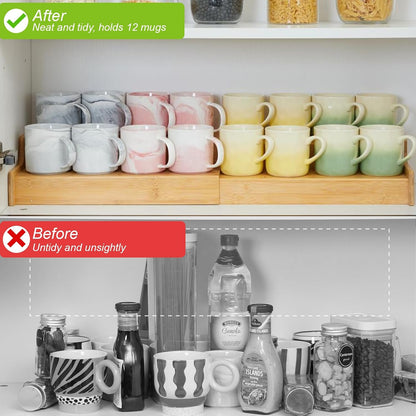 2-Tier Expandable Bamboo Coffee Mug Holder, Mug Organizer for Kitchen Cabinets, Mug Cup Rack, Multi-Functional Cup Holder Shelf, Coffee Bar Organizer, Home