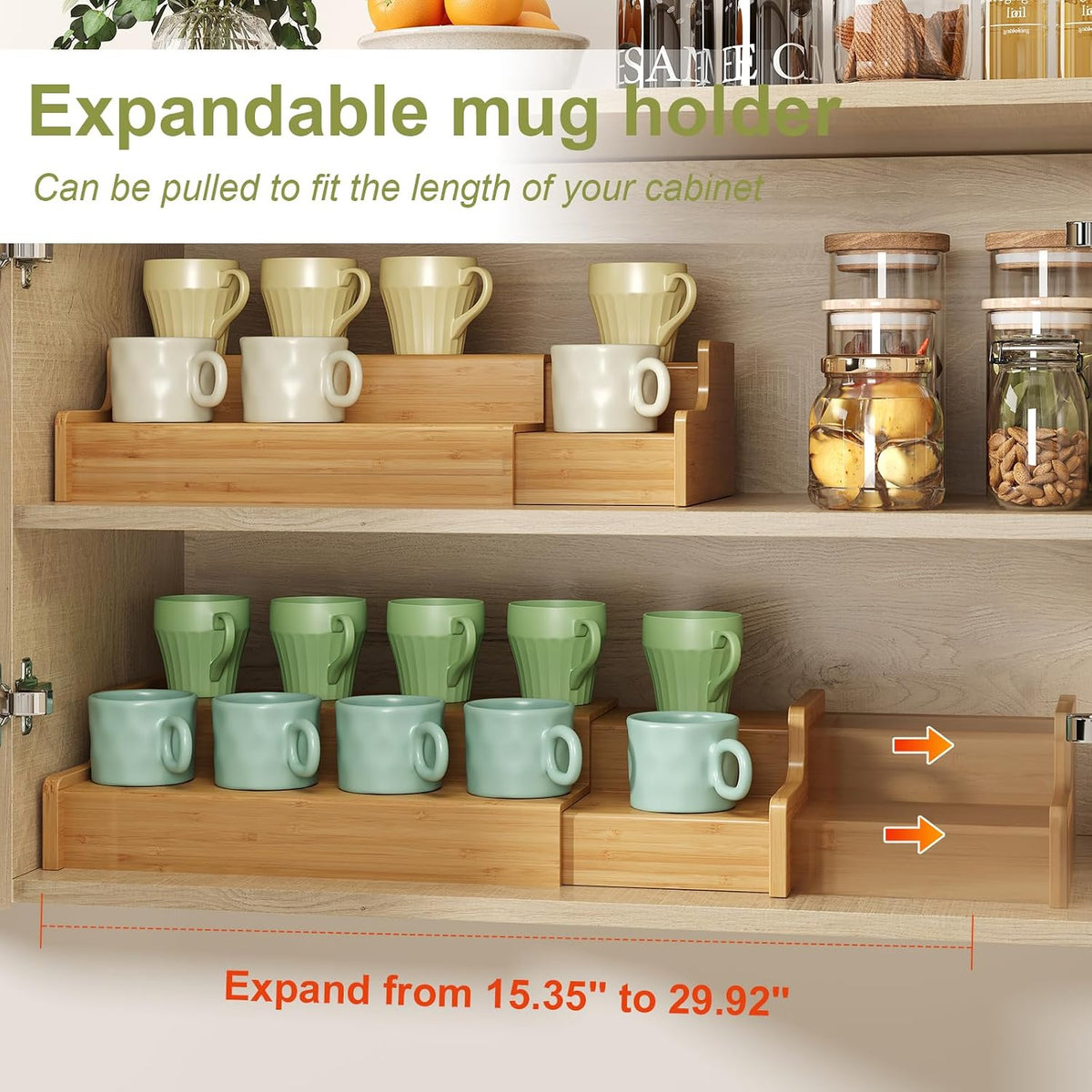 2-Tier Expandable Bamboo Coffee Mug Holder, Mug Organizer for Kitchen Cabinets, Mug Cup Rack, Multi-Functional Cup Holder Shelf, Coffee Bar Organizer, Home