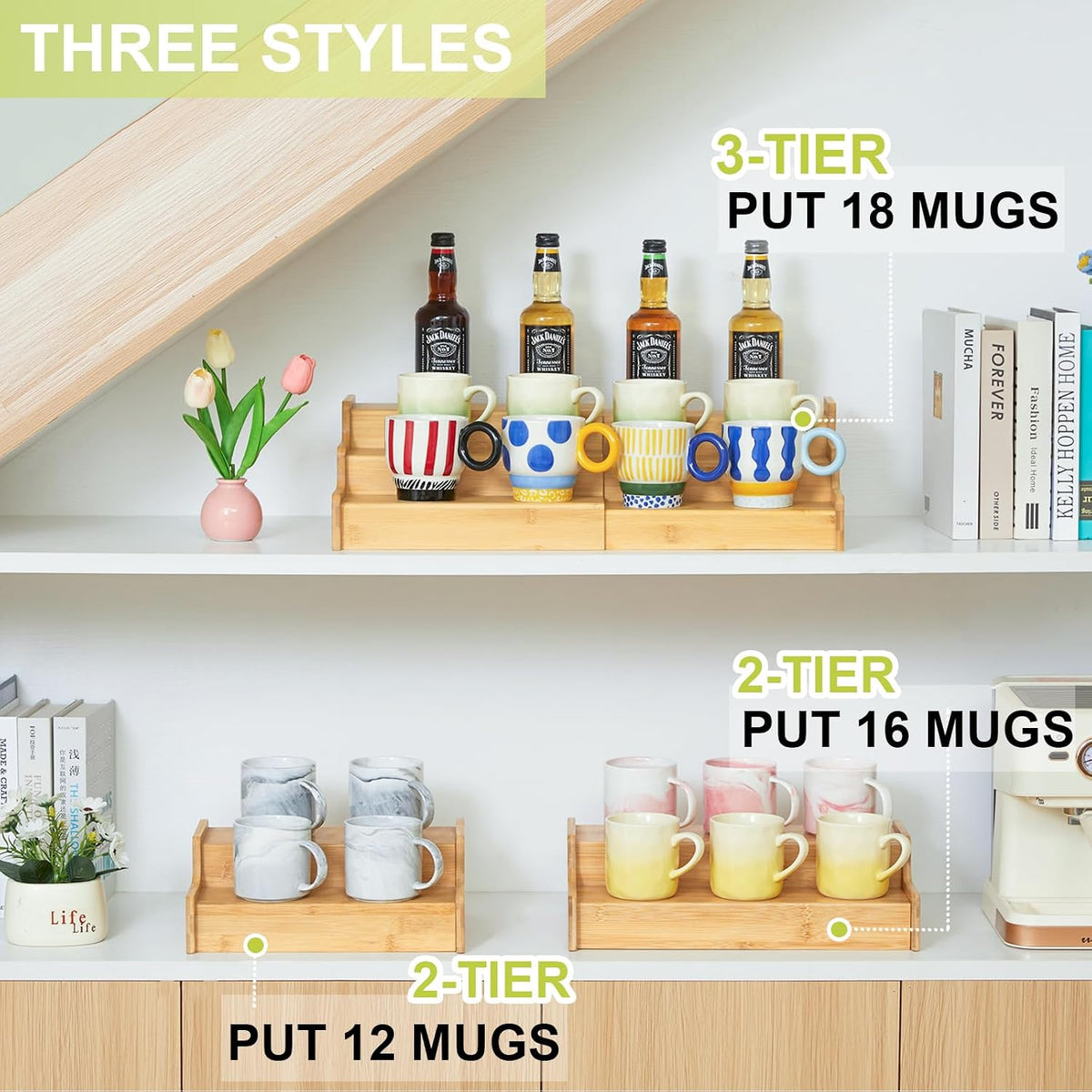 2-Tier Expandable Bamboo Coffee Mug Holder, Mug Organizer for Kitchen Cabinets, Mug Cup Rack, Multi-Functional Cup Holder Shelf, Coffee Bar Organizer, Home