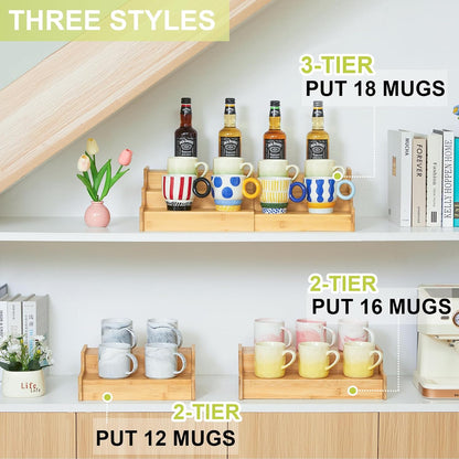 2-Tier Expandable Bamboo Coffee Mug Holder, Mug Organizer for Kitchen Cabinets, Mug Cup Rack, Multi-Functional Cup Holder Shelf, Coffee Bar Organizer, Home