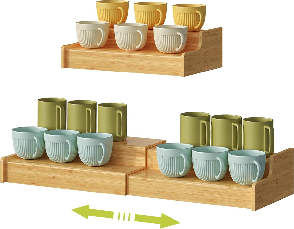 2-Tier Expandable Bamboo Coffee Mug Holder, Mug Organizer for Kitchen Cabinets, Mug Cup Rack, Multi-Functional Cup Holder Shelf, Coffee Bar Organizer, Home