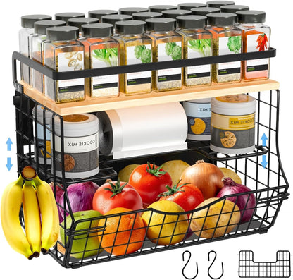 3-Tier Magnetic Shelf for Fridge with Divider & Bamboo Top, Fruit Basket Potato and Onion Storage Bins, Kitchen Large Container Magnetic Spice Rack for Refrigerator, Kitchen Counter, Fridge Organizer