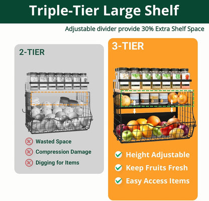3-Tier Magnetic Shelf for Fridge with Divider & Bamboo Top, Fruit Basket Potato and Onion Storage Bins, Kitchen Large Container Magnetic Spice Rack for Refrigerator, Kitchen Counter, Fridge Organizer