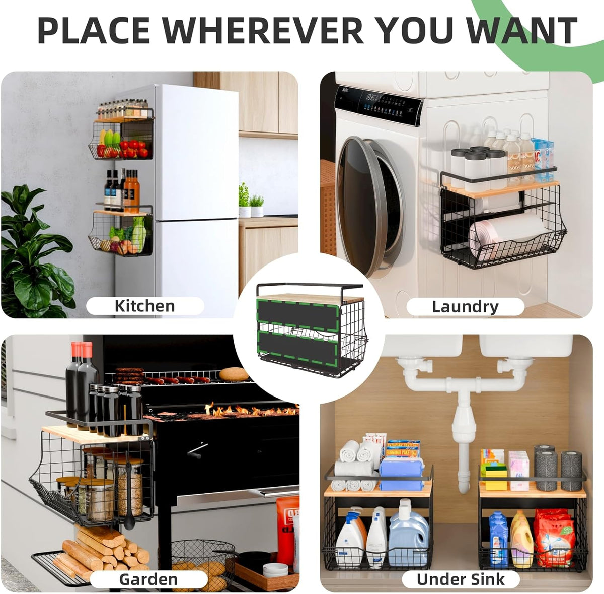 3-Tier Magnetic Shelf for Fridge with Divider & Bamboo Top, Fruit Basket Potato and Onion Storage Bins, Kitchen Large Container Magnetic Spice Rack for Refrigerator, Kitchen Counter, Fridge Organizer