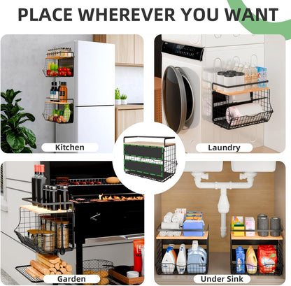 3-Tier Magnetic Shelf for Fridge with Divider & Bamboo Top, Fruit Basket Potato and Onion Storage Bins, Kitchen Large Container Magnetic Spice Rack for Refrigerator, Kitchen Counter, Fridge Organizer