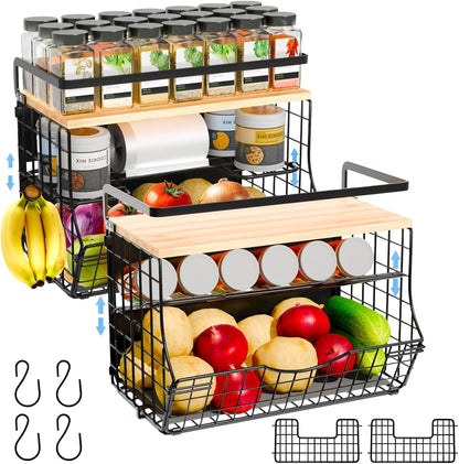 3-Tier Magnetic Shelf for Fridge with Divider & Bamboo Top, Fruit Basket Potato and Onion Storage Bins, Kitchen Large Container Magnetic Spice Rack for Refrigerator, Kitchen Counter, Fridge Organizer