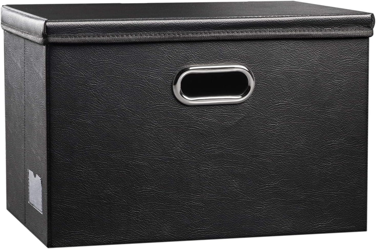Large Collapsible Storage Bin with Lid Leather Fabric Foldable Storage Box Organizer Containes Basket Cube with Cover for Home Bedroom Closet Office Nursery Black (17.7x11.8x11.8)