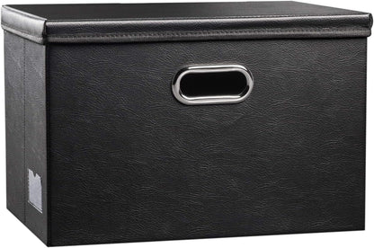 Large Collapsible Storage Bin with Lid Leather Fabric Foldable Storage Box Organizer Containes Basket Cube with Cover for Home Bedroom Closet Office Nursery Black (17.7x11.8x11.8)