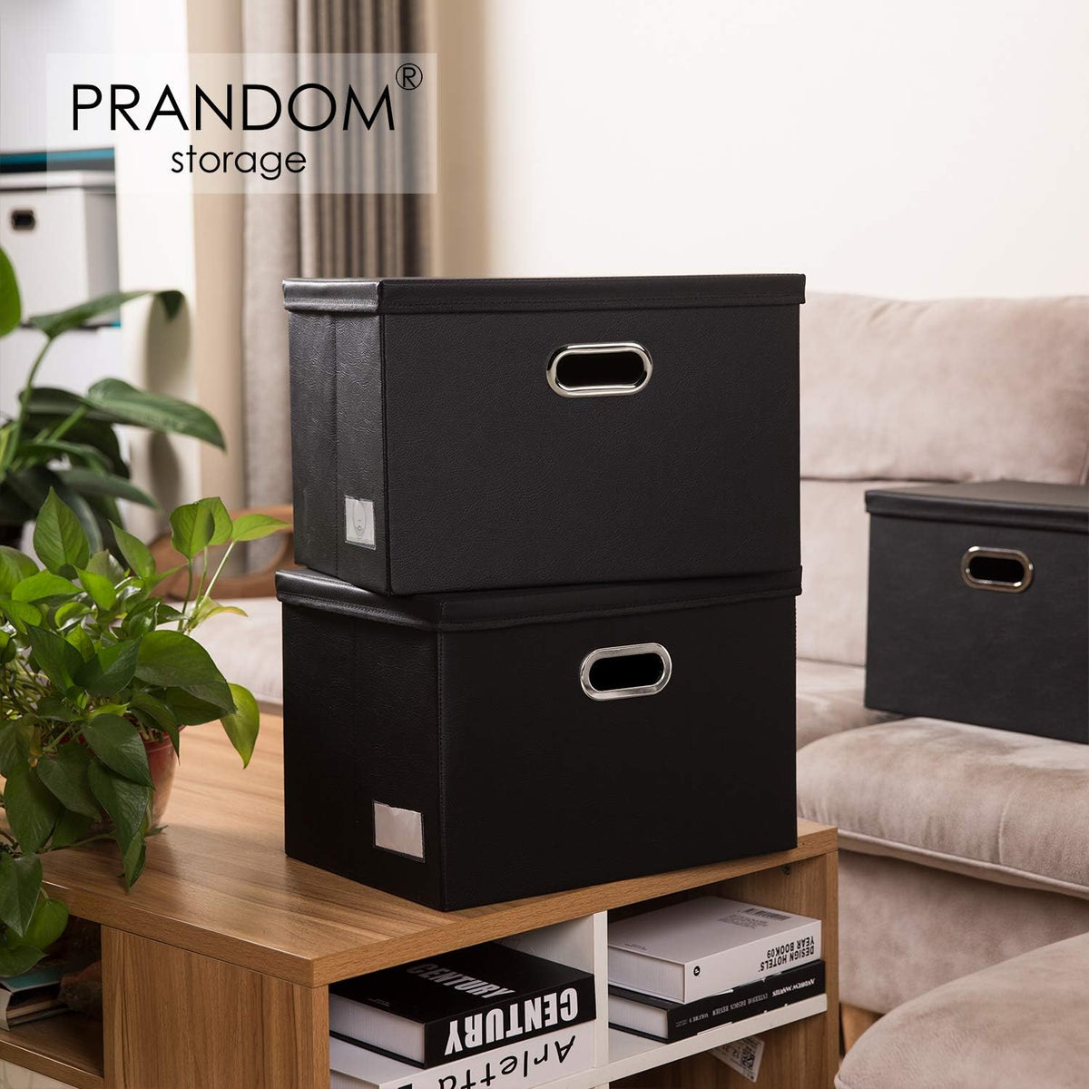 Large Collapsible Storage Bin with Lid Leather Fabric Foldable Storage Box Organizer Containes Basket Cube with Cover for Home Bedroom Closet Office Nursery Black (17.7x11.8x11.8)