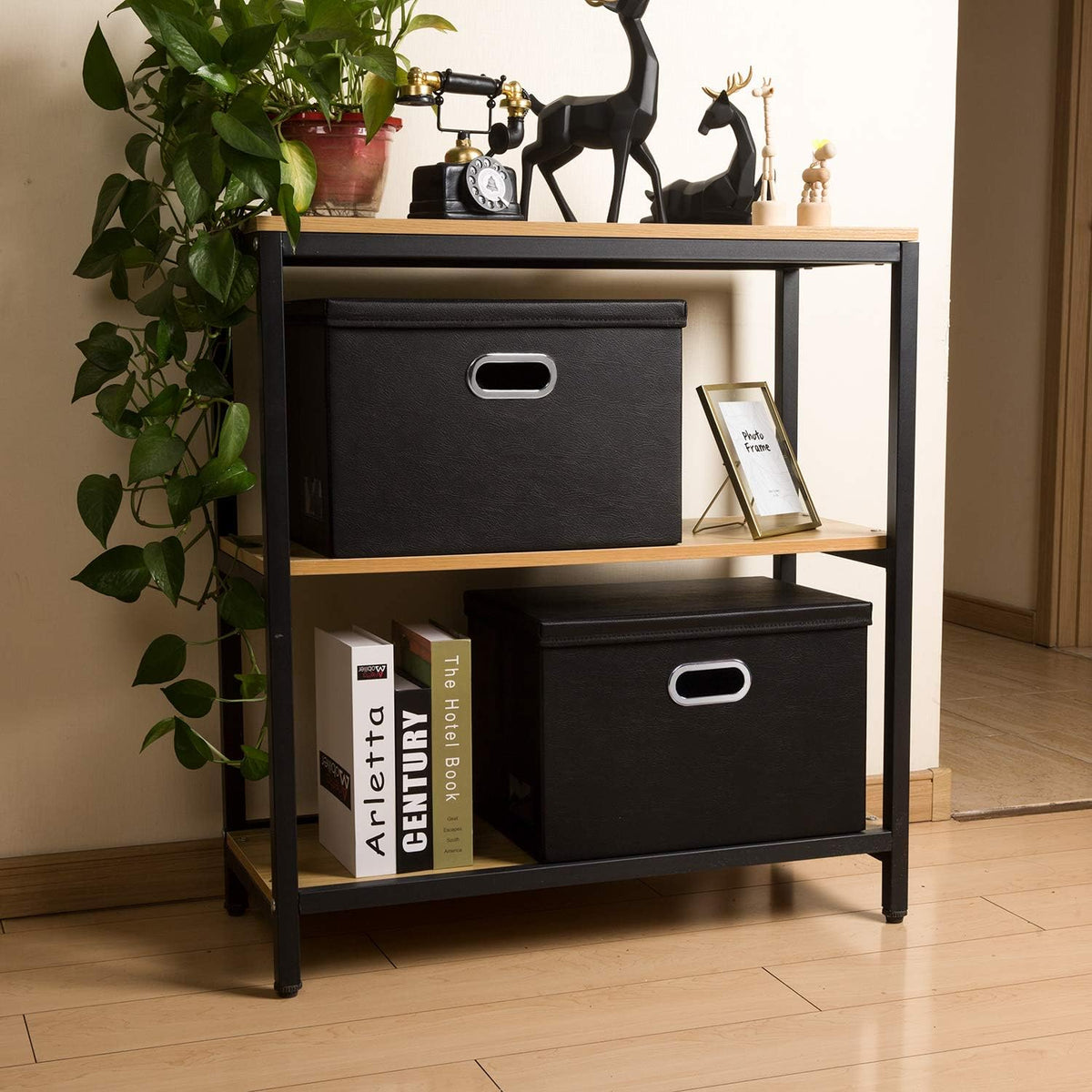 Large Collapsible Storage Bin with Lid Leather Fabric Foldable Storage Box Organizer Containes Basket Cube with Cover for Home Bedroom Closet Office Nursery Black (17.7x11.8x11.8)