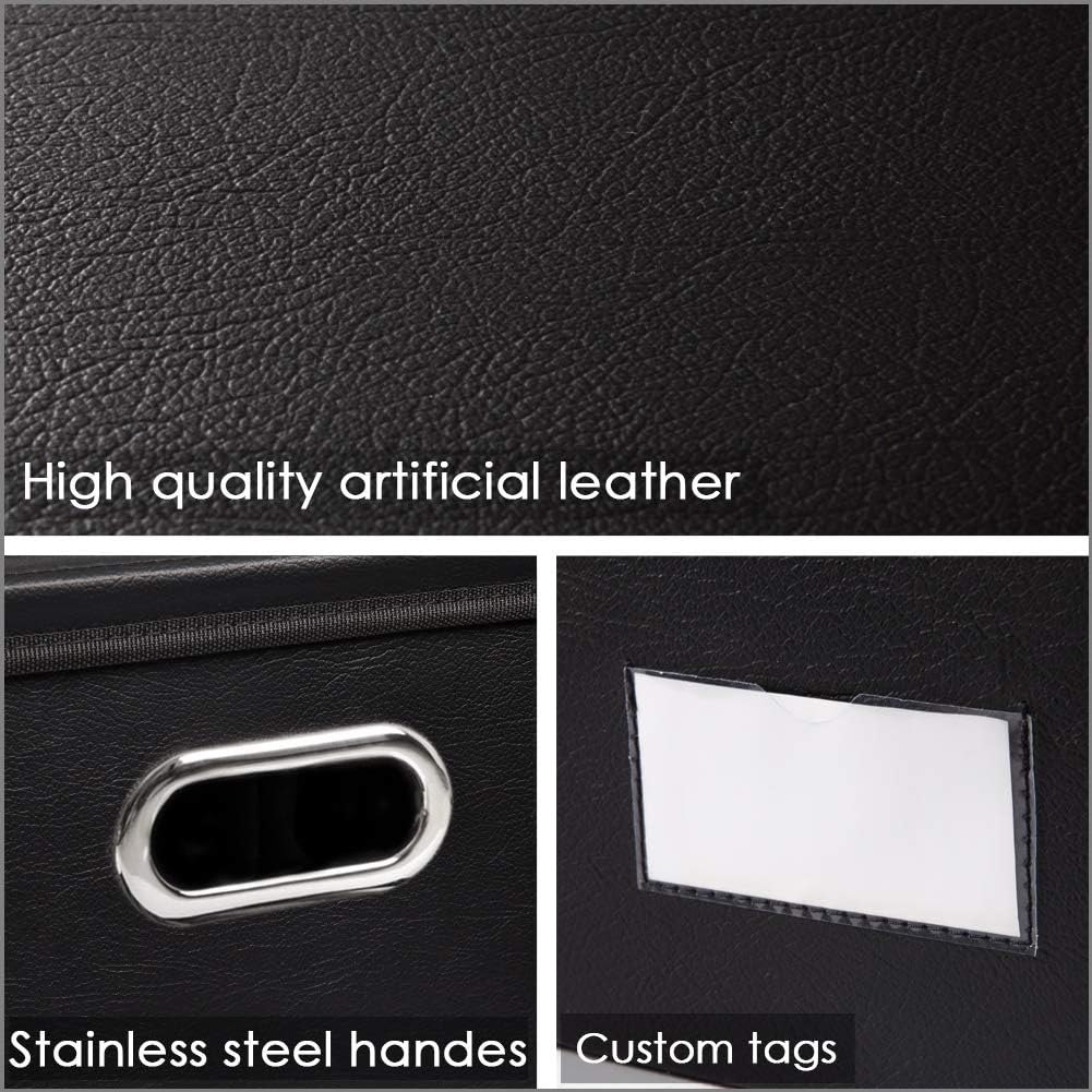 Large Collapsible Storage Bin with Lid Leather Fabric Foldable Storage Box Organizer Containes Basket Cube with Cover for Home Bedroom Closet Office Nursery Black (17.7x11.8x11.8)