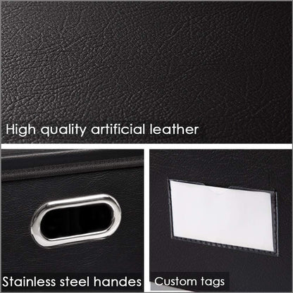 Large Collapsible Storage Bin with Lid Leather Fabric Foldable Storage Box Organizer Containes Basket Cube with Cover for Home Bedroom Closet Office Nursery Black (17.7x11.8x11.8)