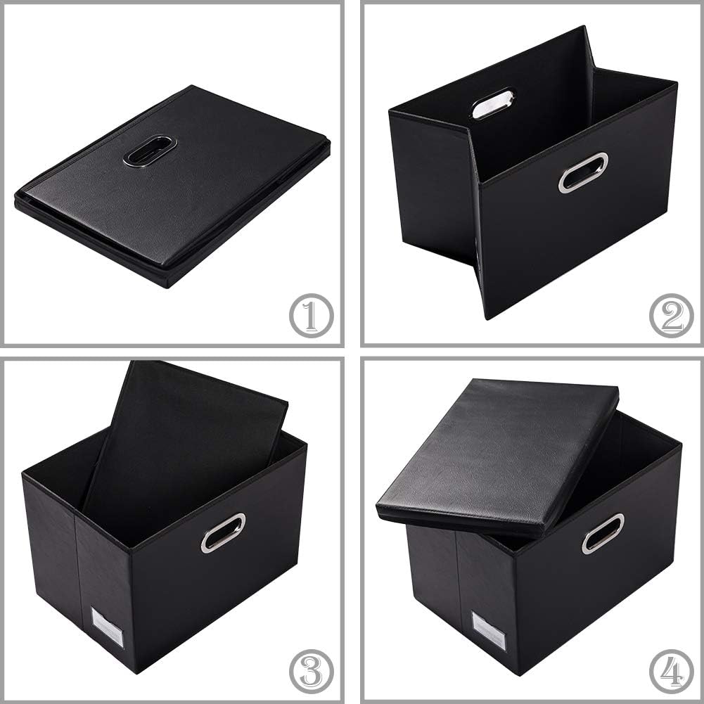 Large Collapsible Storage Bin with Lid Leather Fabric Foldable Storage Box Organizer Containes Basket Cube with Cover for Home Bedroom Closet Office Nursery Black (17.7x11.8x11.8)