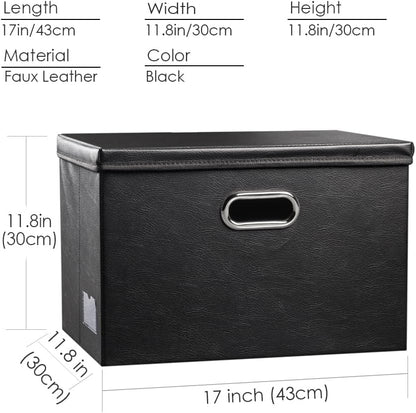 Large Collapsible Storage Bin with Lid Leather Fabric Foldable Storage Box Organizer Containes Basket Cube with Cover for Home Bedroom Closet Office Nursery Black (17.7x11.8x11.8)