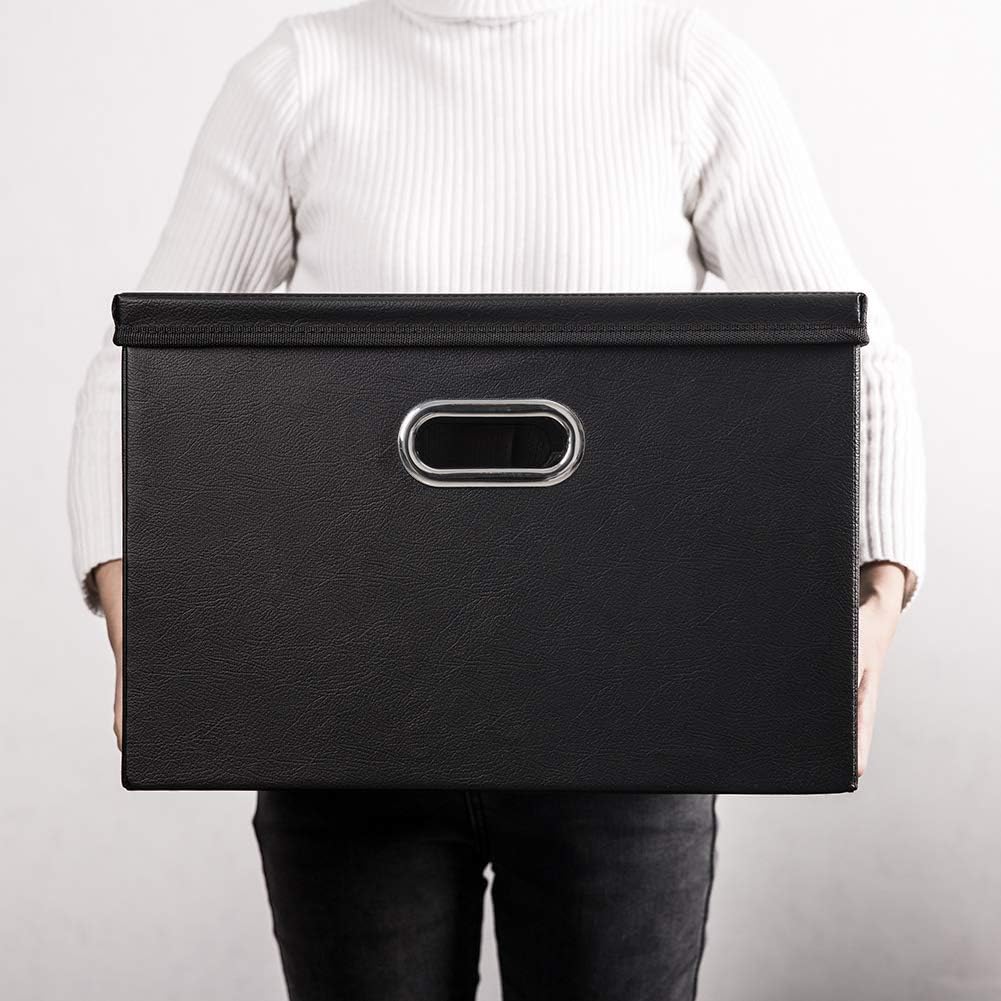 Large Collapsible Storage Bin with Lid Leather Fabric Foldable Storage Box Organizer Containes Basket Cube with Cover for Home Bedroom Closet Office Nursery Black (17.7x11.8x11.8)