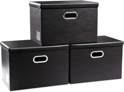 Large Collapsible Storage Bin with Lid Leather Fabric Foldable Storage Box Organizer Containes Basket Cube with Cover for Home Bedroom Closet Office Nursery Black (17.7x11.8x11.8)
