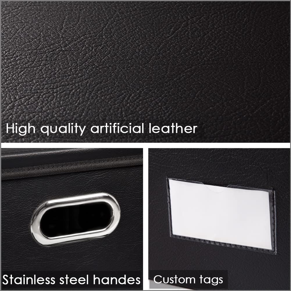 Large Collapsible Storage Bin with Lid Leather Fabric Foldable Storage Box Organizer Containes Basket Cube with Cover for Home Bedroom Closet Office Nursery Black (17.7x11.8x11.8)