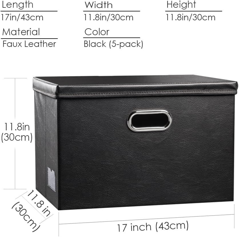 Large Collapsible Storage Bin with Lid Leather Fabric Foldable Storage Box Organizer Containes Basket Cube with Cover for Home Bedroom Closet Office Nursery Black (17.7x11.8x11.8)