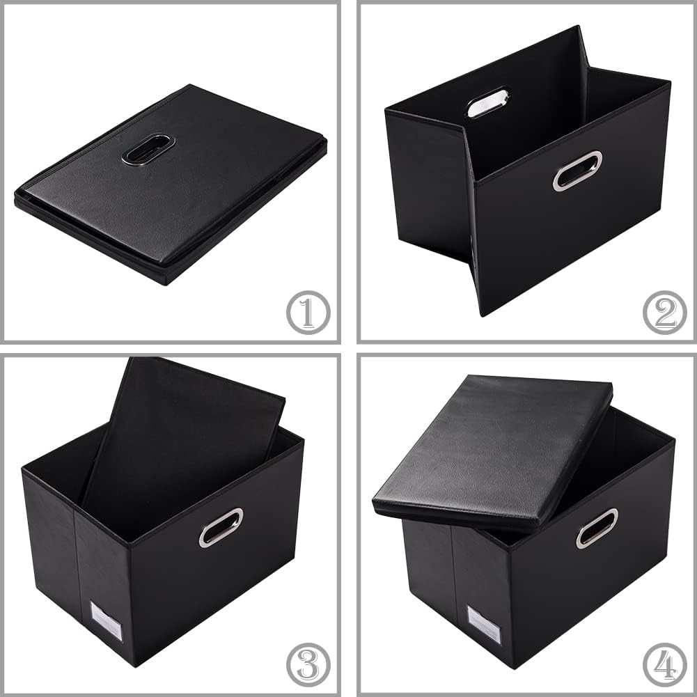 Large Collapsible Storage Bin with Lid Leather Fabric Foldable Storage Box Organizer Containes Basket Cube with Cover for Home Bedroom Closet Office Nursery Black (17.7x11.8x11.8)