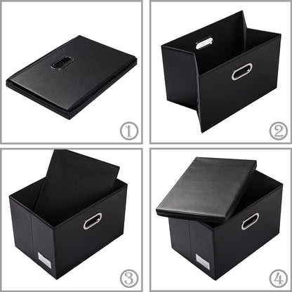 Large Collapsible Storage Bin with Lid Leather Fabric Foldable Storage Box Organizer Containes Basket Cube with Cover for Home Bedroom Closet Office Nursery Black (17.7x11.8x11.8)