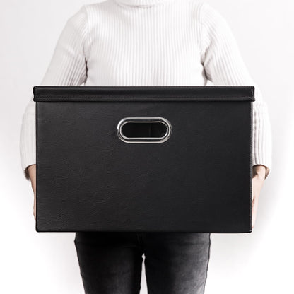 Large Collapsible Storage Bin with Lid Leather Fabric Foldable Storage Box Organizer Containes Basket Cube with Cover for Home Bedroom Closet Office Nursery Black (17.7x11.8x11.8)