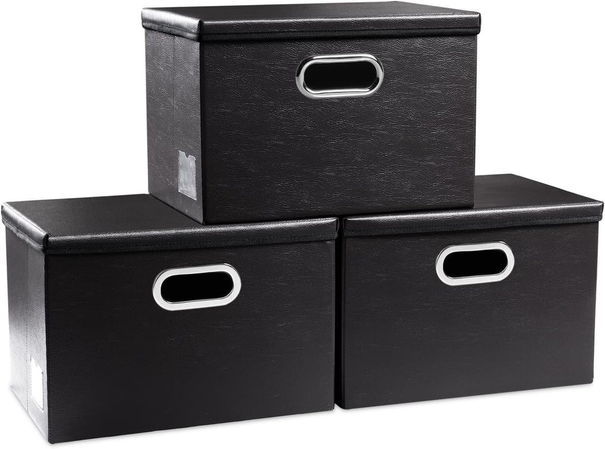 Large Collapsible Storage Bin with Lid Leather Fabric Foldable Storage Box Organizer Containes Basket Cube with Cover for Home Bedroom Closet Office Nursery Black (17.7x11.8x11.8)