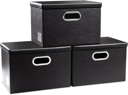 Large Collapsible Storage Bin with Lid Leather Fabric Foldable Storage Box Organizer Containes Basket Cube with Cover for Home Bedroom Closet Office Nursery Black (17.7x11.8x11.8)