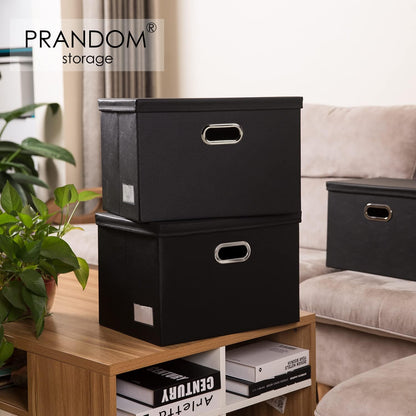 Large Collapsible Storage Bin with Lid Leather Fabric Foldable Storage Box Organizer Containes Basket Cube with Cover for Home Bedroom Closet Office Nursery Black (17.7x11.8x11.8)