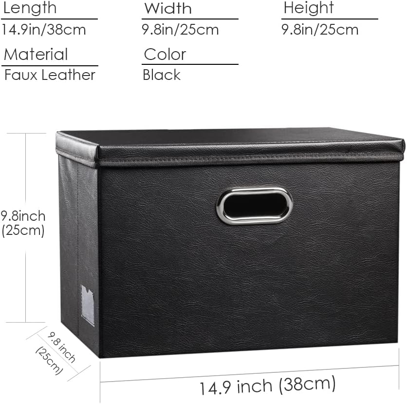 Large Collapsible Storage Bin with Lid Leather Fabric Foldable Storage Box Organizer Containes Basket Cube with Cover for Home Bedroom Closet Office Nursery Black (17.7x11.8x11.8)