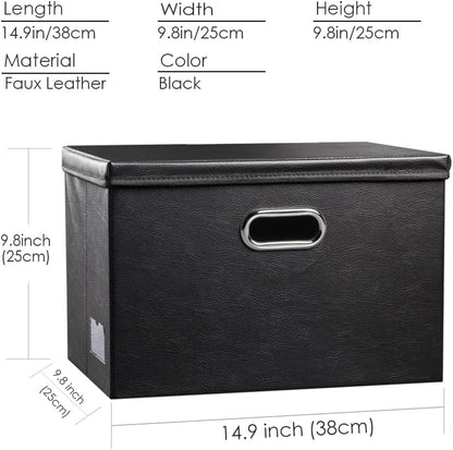 Large Collapsible Storage Bin with Lid Leather Fabric Foldable Storage Box Organizer Containes Basket Cube with Cover for Home Bedroom Closet Office Nursery Black (17.7x11.8x11.8)