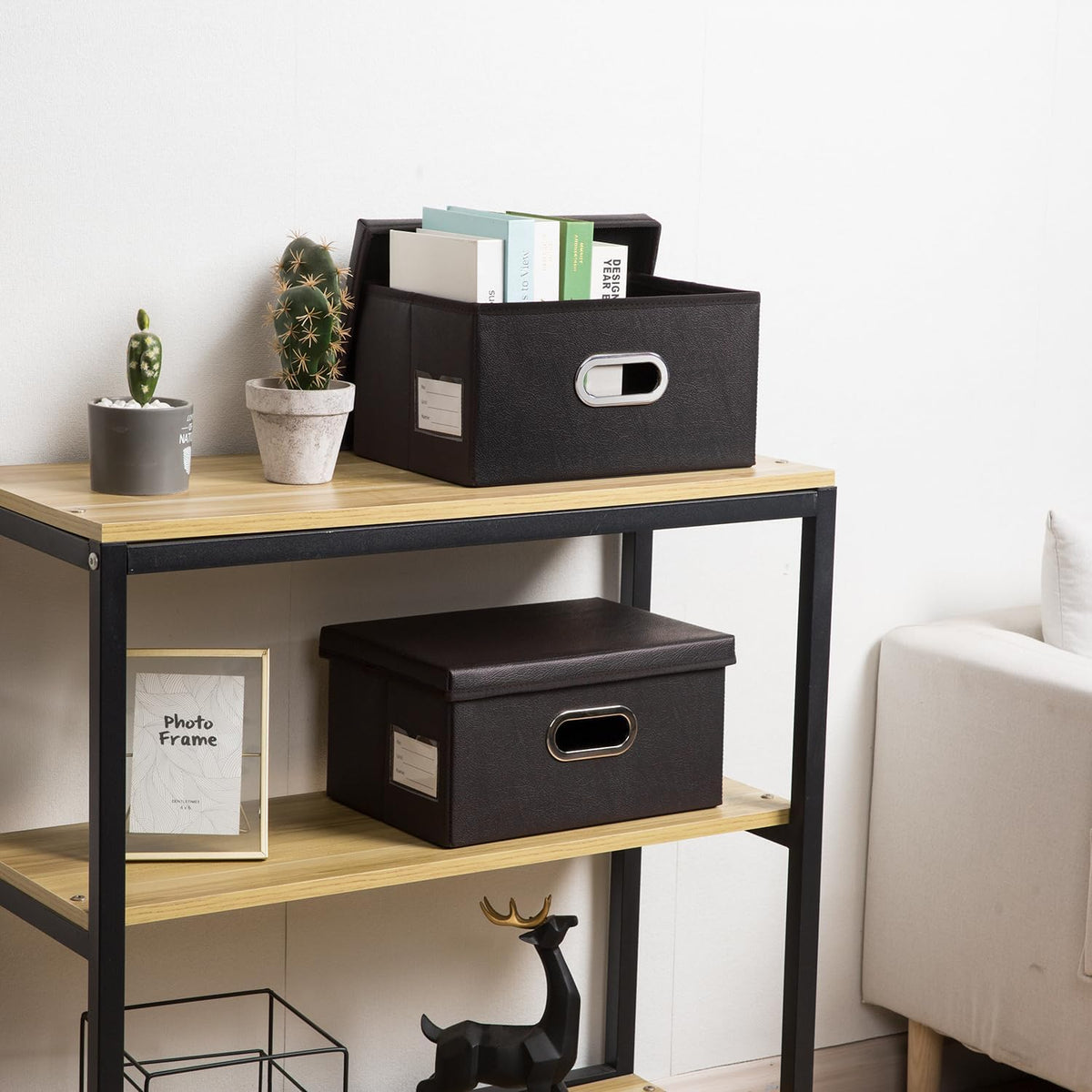 Large Collapsible Storage Bin with Lid Leather Fabric Foldable Storage Box Organizer Containes Basket Cube with Cover for Home Bedroom Closet Office Nursery Black (17.7x11.8x11.8)