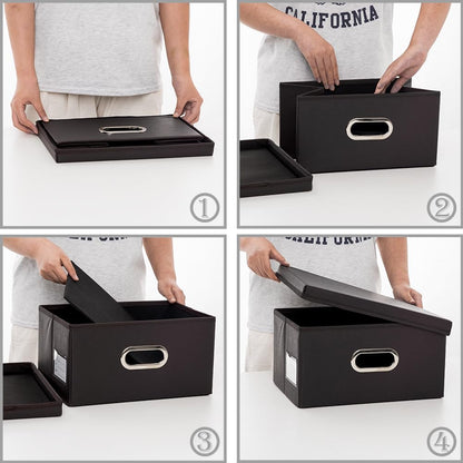 Large Collapsible Storage Bin with Lid Leather Fabric Foldable Storage Box Organizer Containes Basket Cube with Cover for Home Bedroom Closet Office Nursery Black (17.7x11.8x11.8)