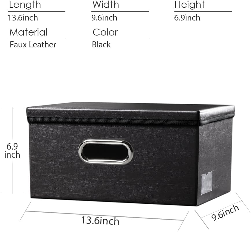 Large Collapsible Storage Bin with Lid Leather Fabric Foldable Storage Box Organizer Containes Basket Cube with Cover for Home Bedroom Closet Office Nursery Black (17.7x11.8x11.8)
