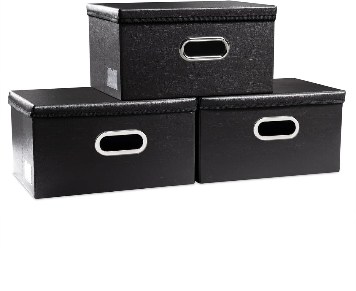 Large Collapsible Storage Bin with Lid Leather Fabric Foldable Storage Box Organizer Containes Basket Cube with Cover for Home Bedroom Closet Office Nursery Black (17.7x11.8x11.8)